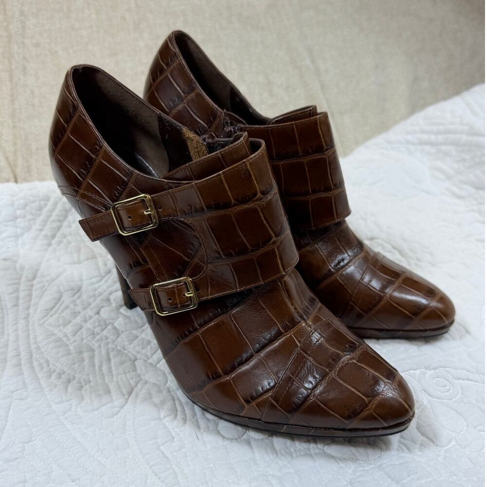 Lauren Ralph Lauren Women 8.5 Brown Croc Embossed Leather Stiletto Ankle Booties